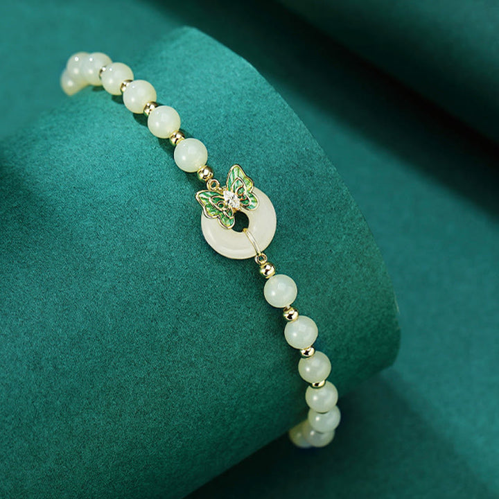 Buddha Stones 925 Sterling Silver Hetian Jade naturale Peace Buckle Butterfly Zircone Luck Bracciale Collana Pendente