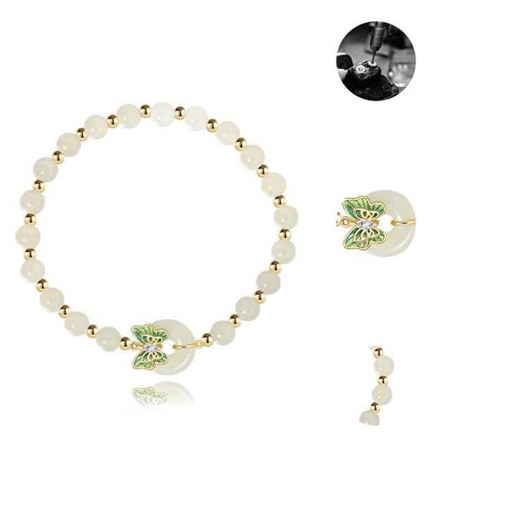 Buddha Stones 925 Sterling Silver Hetian Jade naturale Peace Buckle Butterfly Zircone Luck Bracciale Collana Pendente
