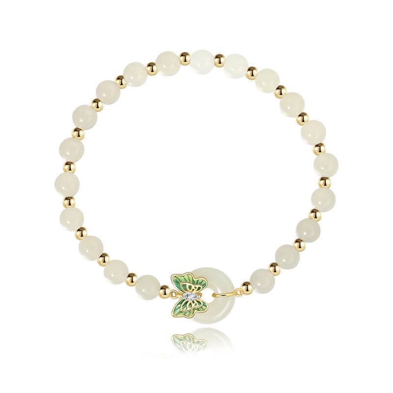 Buddha Stones 925 Sterling Silver Hetian Jade naturale Peace Buckle Butterfly Zircone Luck Bracciale Collana Pendente
