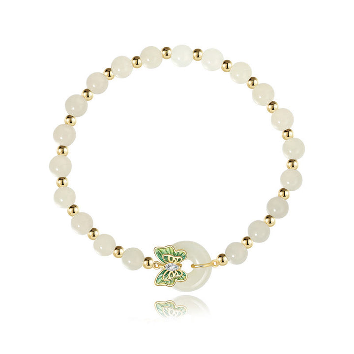 Buddha Stones 925 Sterling Silver Hetian Jade naturale Peace Buckle Butterfly Zircone Luck Bracciale Collana Pendente