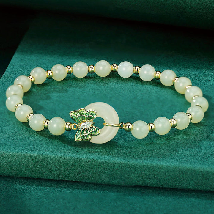 Buddha Stones 925 Sterling Silver Hetian Jade naturale Peace Buckle Butterfly Zircone Luck Bracciale Collana Pendente