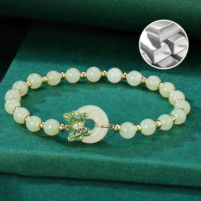 Buddha Stones 925 Sterling Silver Hetian Jade naturale Peace Buckle Butterfly Zircone Luck Bracciale Collana Pendente