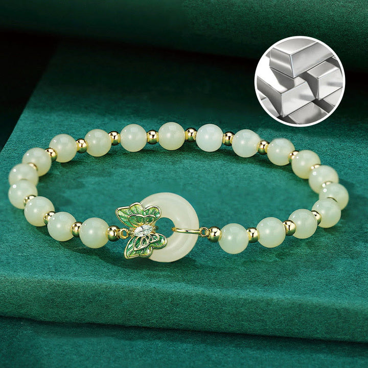 Buddha Stones 925 Sterling Silver Hetian Jade naturale Peace Buckle Butterfly Zircone Luck Bracciale Collana Pendente