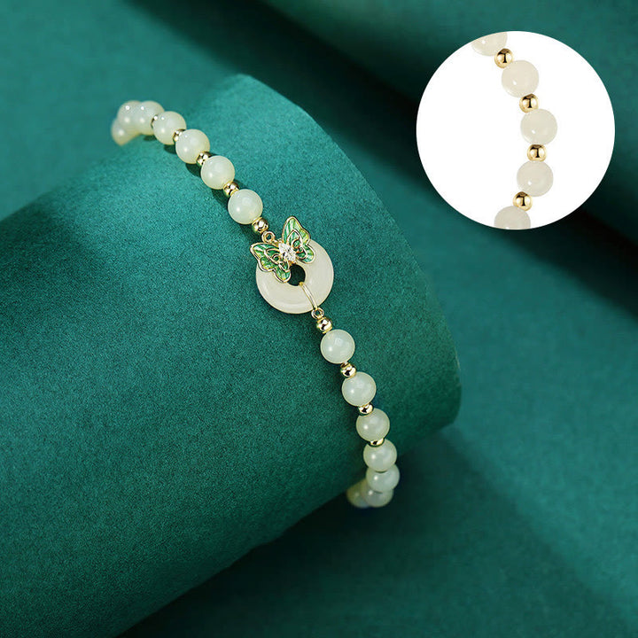 Buddha Stones 925 Sterling Silver Hetian Jade naturale Peace Buckle Butterfly Zircone Luck Bracciale Collana Pendente