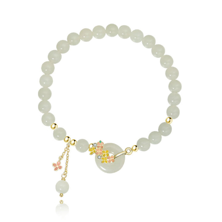 Buddha Stones 925 Sterling Silver Hetian naturale giada osmanto fiori fibbia della pace zircone fortuna braccialetto collana pendente