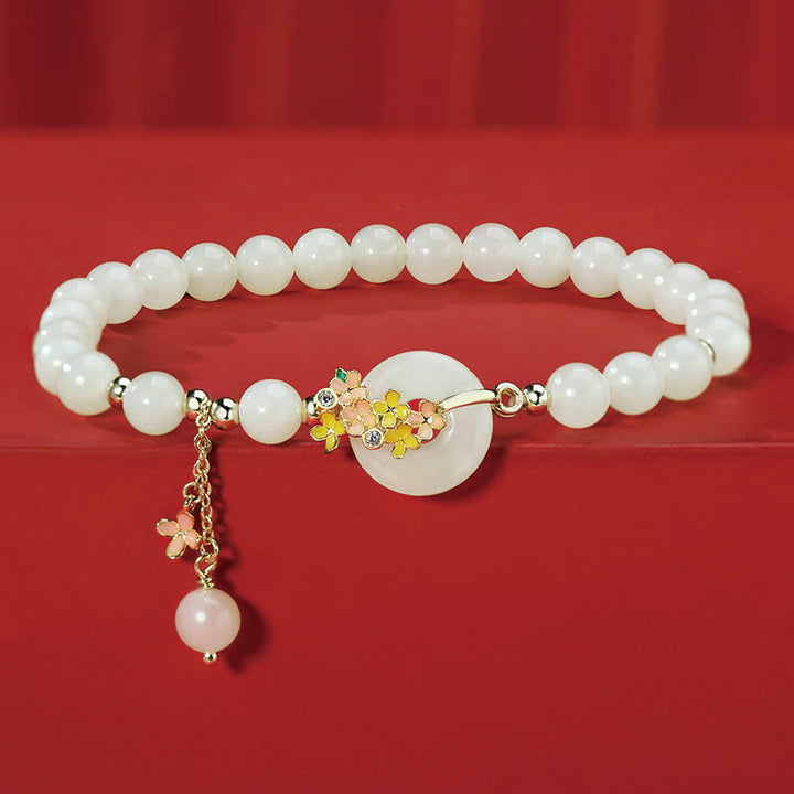 Buddha Stones 925 Sterling Silver Hetian naturale giada osmanto fiori fibbia della pace zircone fortuna braccialetto collana pendente