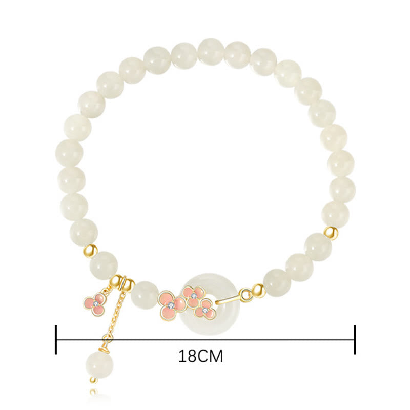 Buddha Stones 925 Sterling Silver Natural Hetian Jade Peach Blossom Peace Buckle Zircone Luck Bracciale Collana Pendente