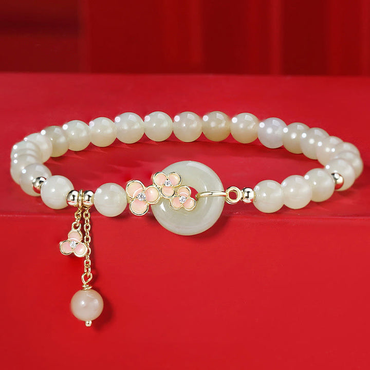 Buddha Stones 925 Sterling Silver Natural Hetian Jade Peach Blossom Peace Buckle Zircone Luck Bracciale Collana Pendente