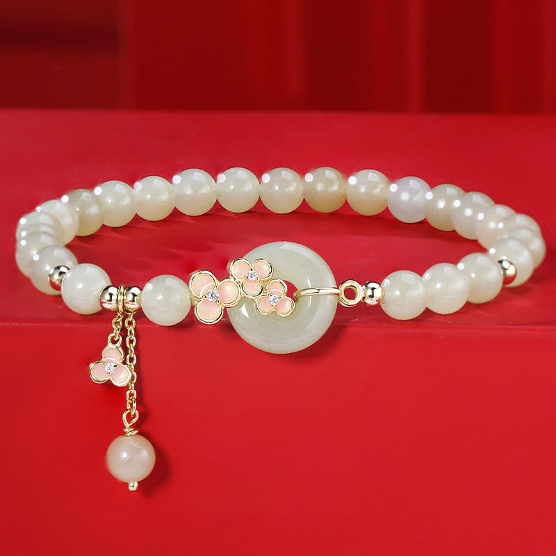 Buddha Stones 925 Sterling Silver Natural Hetian Jade Peach Blossom Peace Buckle Zircone Luck Bracciale Collana Pendente - Bracciale di giada (circonferenza del polso 14-17 cm) - image 0