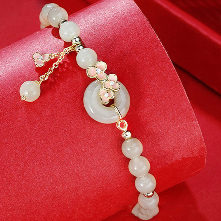 Buddha Stones 925 Sterling Silver Natural Hetian Jade Peach Blossom Peace Buckle Zircone Luck Bracciale Collana Pendente
