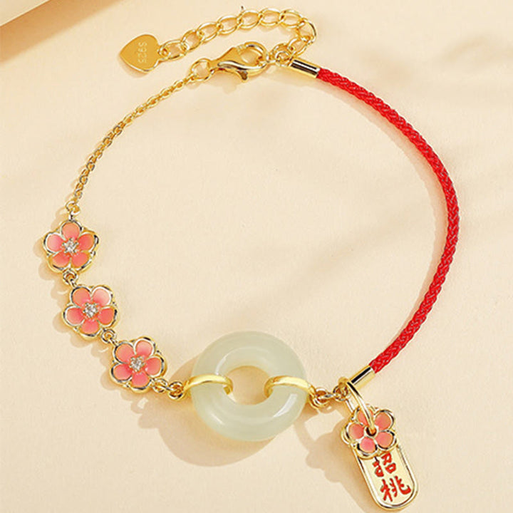 Buddha Stones 925 Sterling Silver Natural Hetian Jade Peach Blossom Peace Buckle Zircone Luck Bracciale Collana Pendente