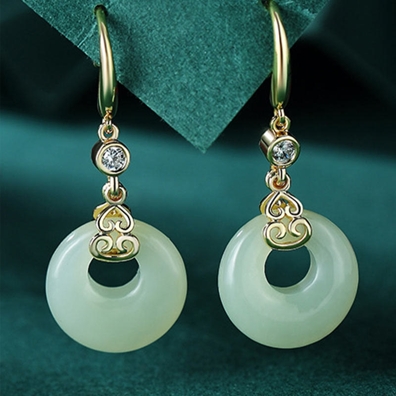 Buddha Stones 925 Sterling Silver Hetian naturale giada zucca fibbia della pace zircone fortuna braccialetto collana ciondolo orecchini - Orecchini di giada - image 13