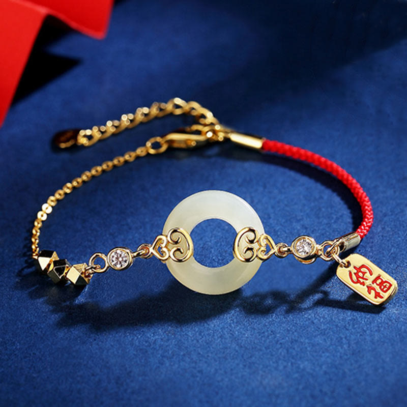 Buddha Stones 925 Sterling Silver Hetian naturale giada zucca fibbia della pace zircone fortuna braccialetto collana ciondolo orecchini - Bracciale di giada (circonferenza del polso 14-17 cm) - image 0