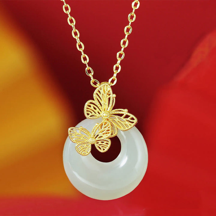 Collana con ciondolo a forma di farfalla in giada naturale Hetian in argento sterling 925 con Buddha Stones e ciondolo della prosperità