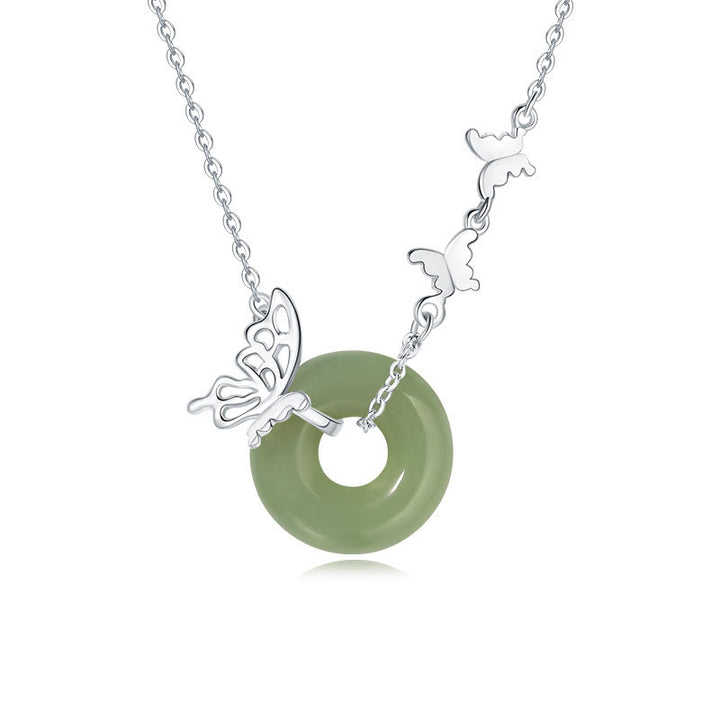 Buddha Stones 925 Sterling Silver Natural Hetian Jade Peace Buckle Butterfly Luck Prosperity Bracciale Collana Pendente