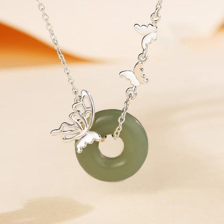 Buddha Stones 925 Sterling Silver Natural Hetian Jade Peace Buckle Butterfly Luck Prosperity Bracciale Collana Pendente