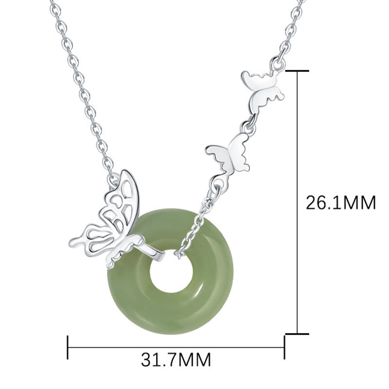 Buddha Stones 925 Sterling Silver Natural Hetian Jade Peace Buckle Butterfly Luck Prosperity Bracciale Collana Pendente