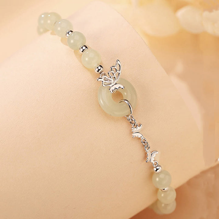 Buddha Stones 925 Sterling Silver Natural Hetian Jade Peace Buckle Butterfly Luck Prosperity Bracciale Collana Pendente