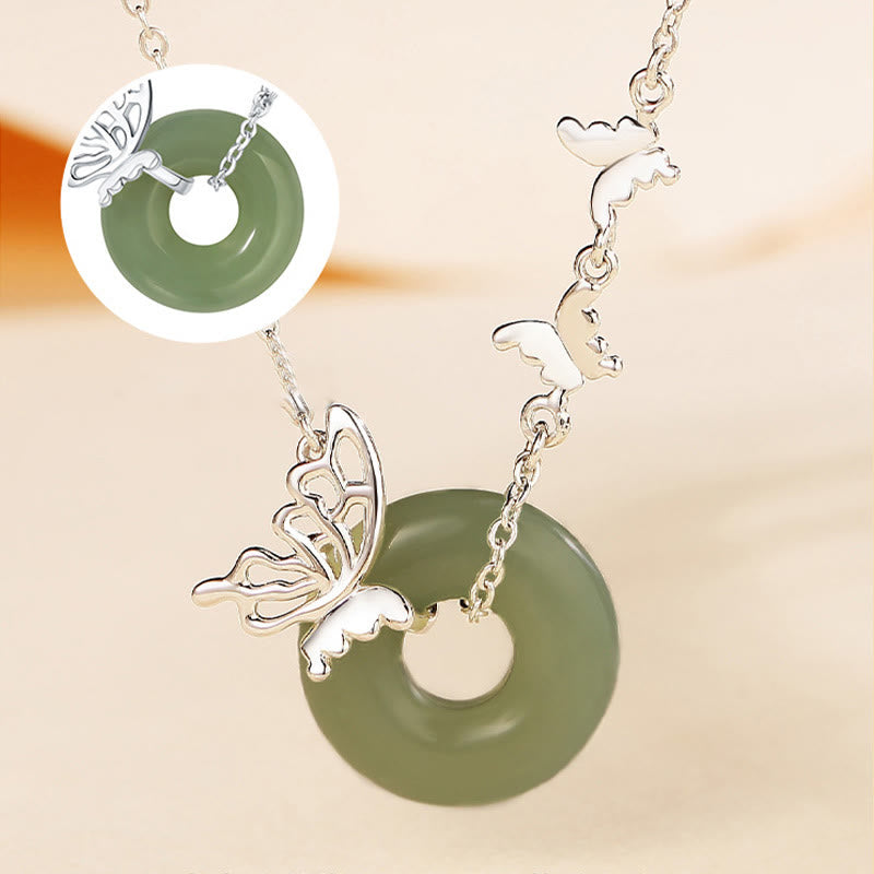 Buddha Stones 925 Sterling Silver Natural Hetian Jade Peace Buckle Butterfly Luck Prosperity Bracciale Collana Pendente