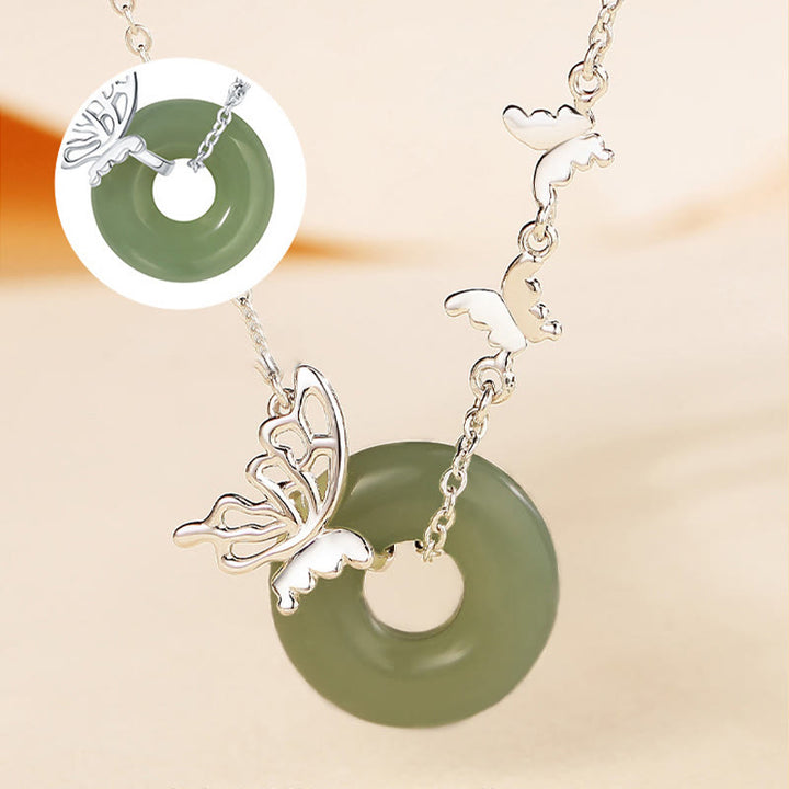 Buddha Stones 925 Sterling Silver Natural Hetian Jade Peace Buckle Butterfly Luck Prosperity Bracciale Collana Pendente
