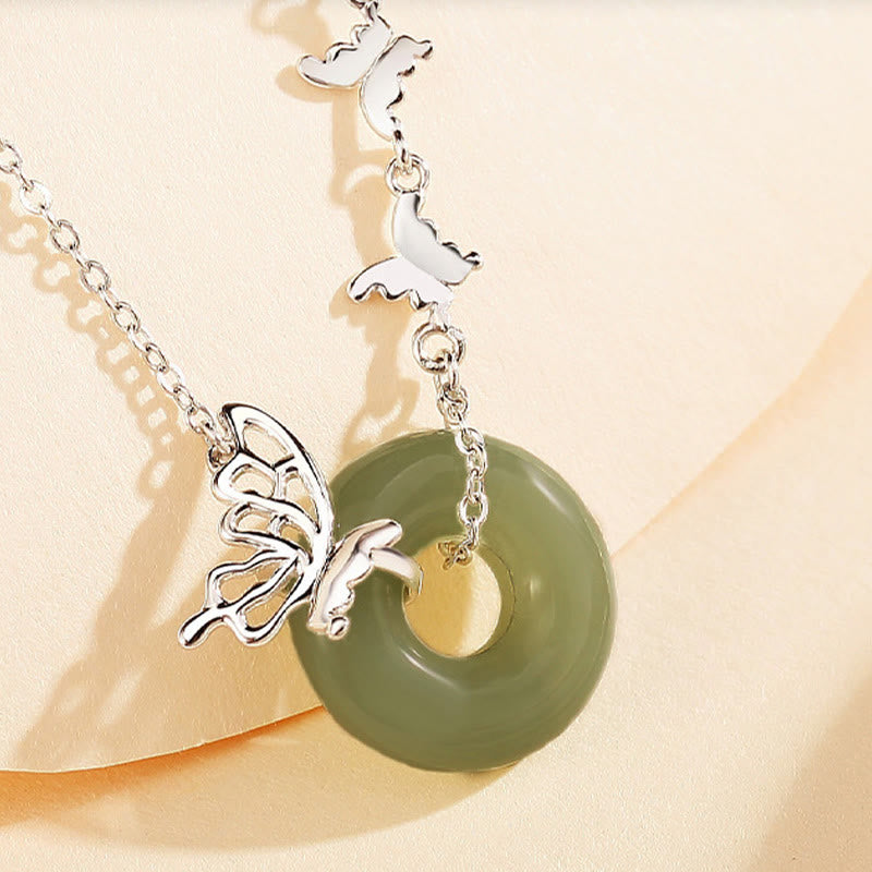 Buddha Stones 925 Sterling Silver Natural Hetian Jade Peace Buckle Butterfly Luck Prosperity Bracciale Collana Pendente