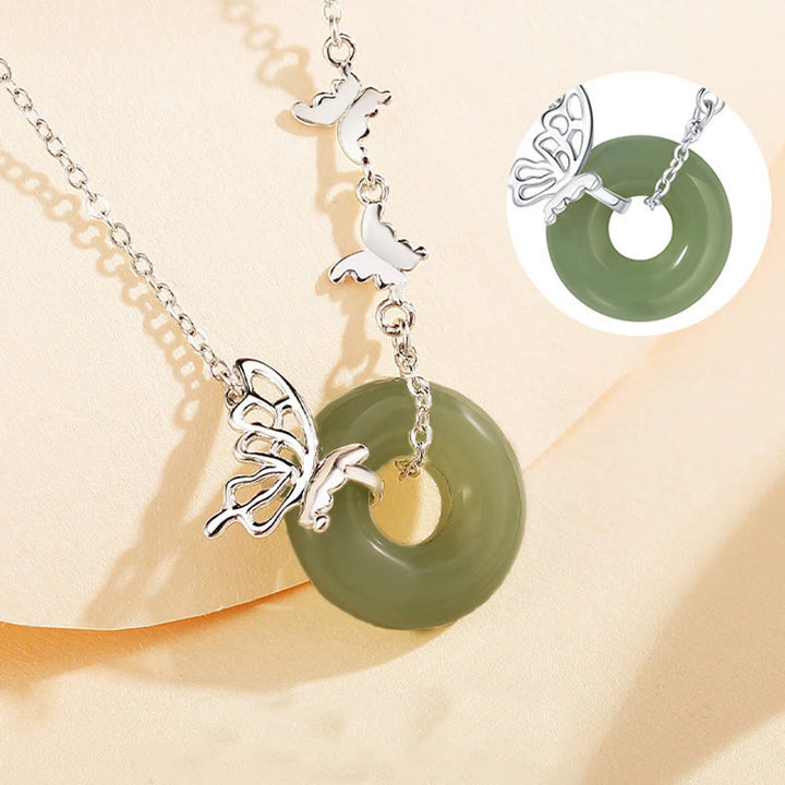 Buddha Stones 925 Sterling Silver Natural Hetian Jade Peace Buckle Butterfly Luck Prosperity Bracciale Collana Pendente