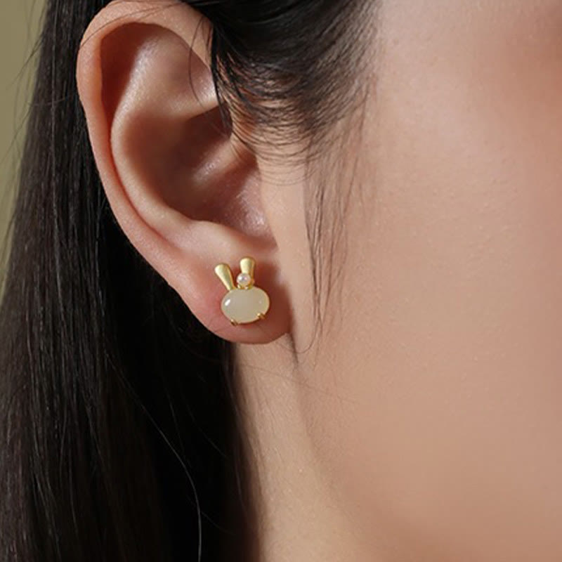 Buddha Stones in argento sterling 925 con giada naturale Hetian e perle di coniglio carine