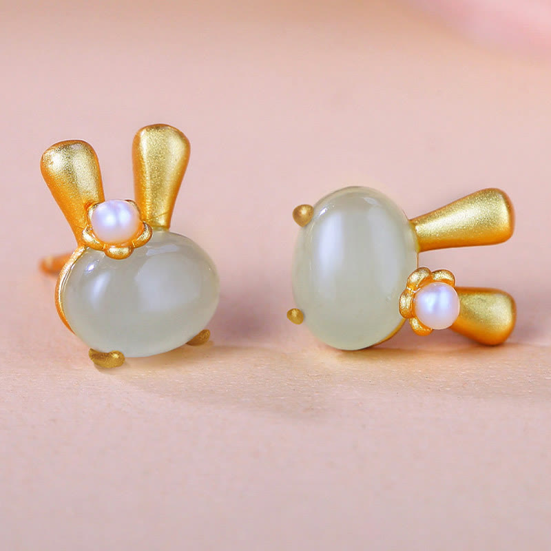 Buddha Stones in argento sterling 925 con giada naturale Hetian e perle di coniglio carine