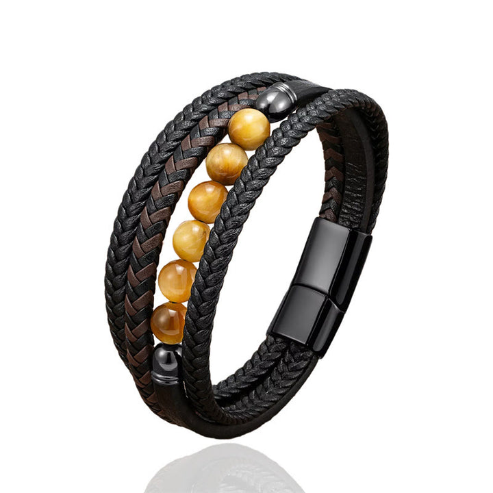 Braccialetto in pelle positivo con perline di ematite e occhio di tigre, onice nero, Buddha Stones