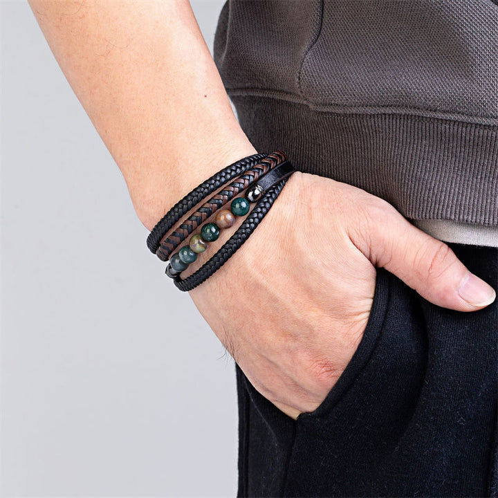 Braccialetto in pelle positivo con perline di ematite e occhio di tigre, onice nero, Buddha Stones