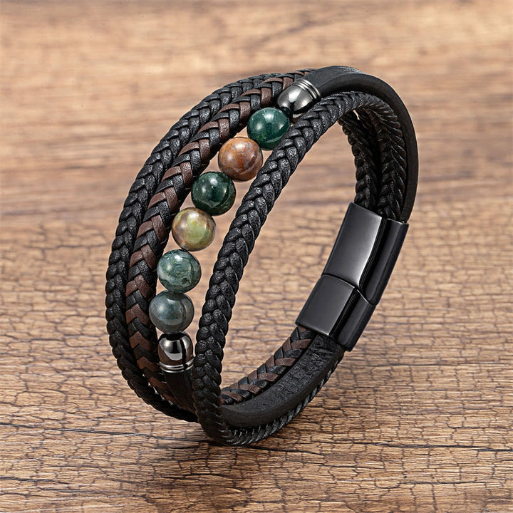 Braccialetto in pelle positivo con perline di ematite e occhio di tigre, onice nero, Buddha Stones