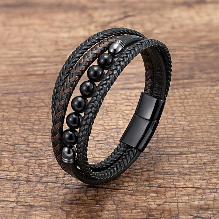 Braccialetto in pelle positivo con perline di ematite e occhio di tigre, onice nero, Buddha Stones