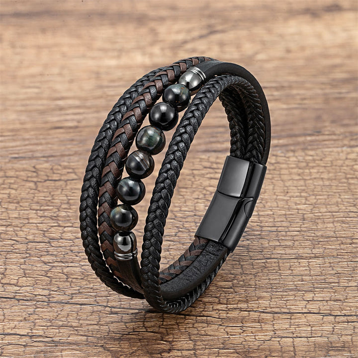 Braccialetto in pelle positivo con perline di ematite e occhio di tigre, onice nero, Buddha Stones
