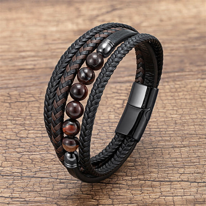 Braccialetto in pelle positivo con perline di ematite e occhio di tigre, onice nero, Buddha Stones