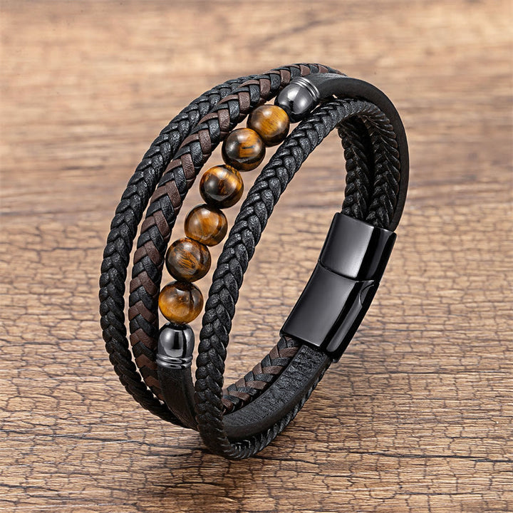 Braccialetto in pelle positivo con perline di ematite e occhio di tigre, onice nero, Buddha Stones