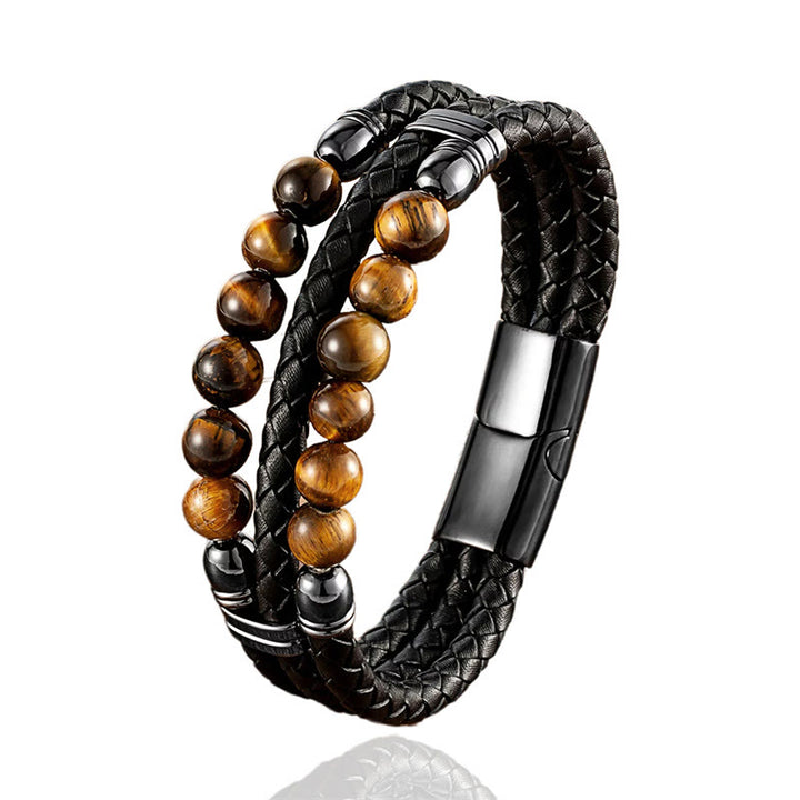 Bracciale in pelle con perle di lapislazzuli, occhio di tigre, ematite, pietra lavica, onice nero e Buddha Stones. - image 8