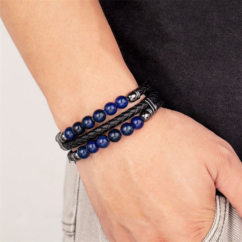 Buddha Stones Occhio di Tigre Ematite Roccia Lavica Onice Nero Perline Lazurite Protezione Forza Braccialetto di Pelle