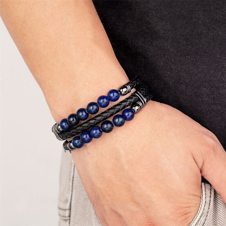 Buddha Stones Occhio di Tigre Ematite Roccia Lavica Onice Nero Perline Lazurite Protezione Forza Braccialetto di Pelle