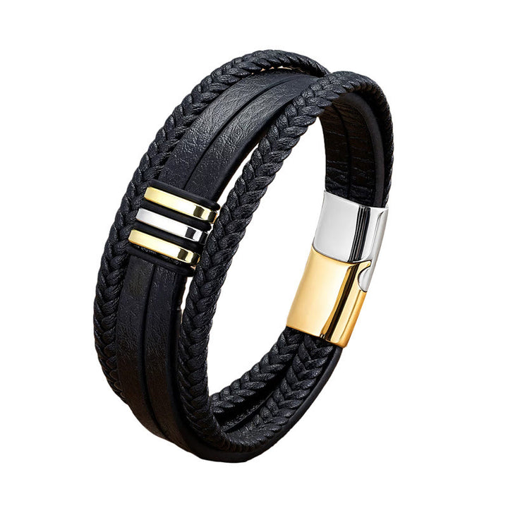 Bracciale con fibbia in acciaio al titanio calmo in pelle intrecciata fatta a mano Buddha Stones