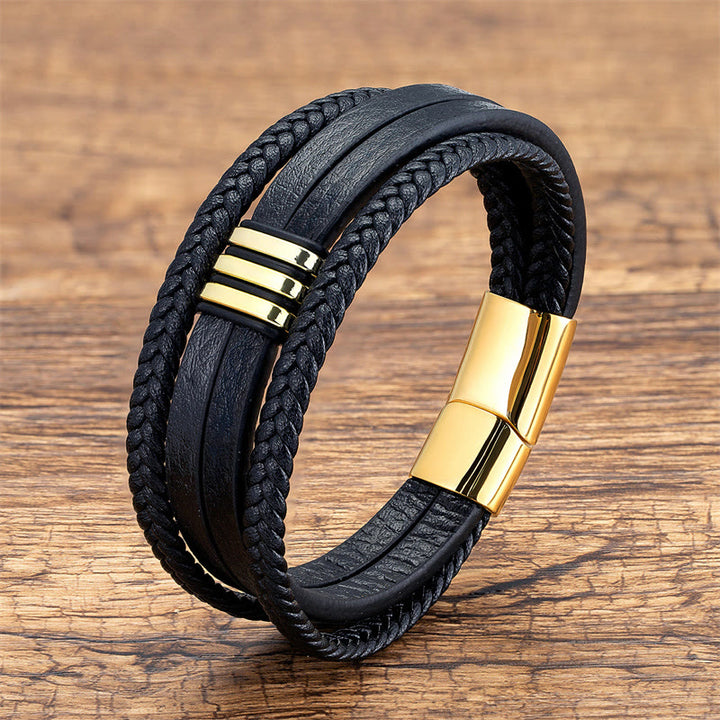 Bracciale con fibbia in acciaio al titanio calmo in pelle intrecciata fatta a mano Buddha Stones