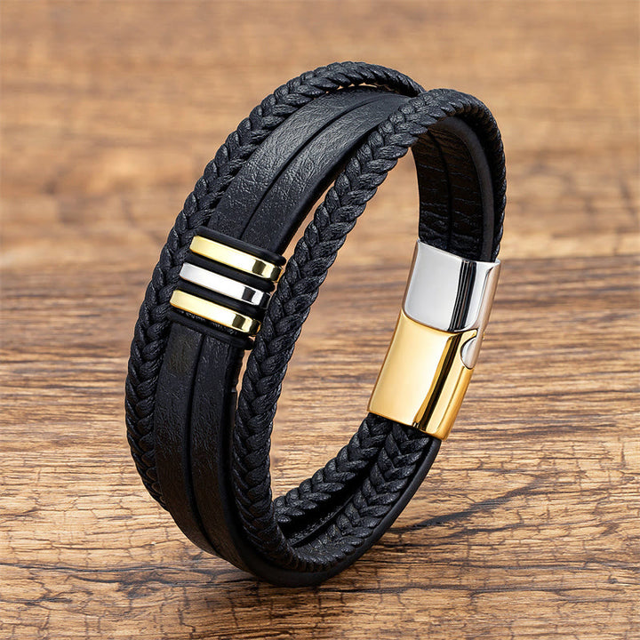Bracciale con fibbia in acciaio al titanio calmo in pelle intrecciata fatta a mano Buddha Stones