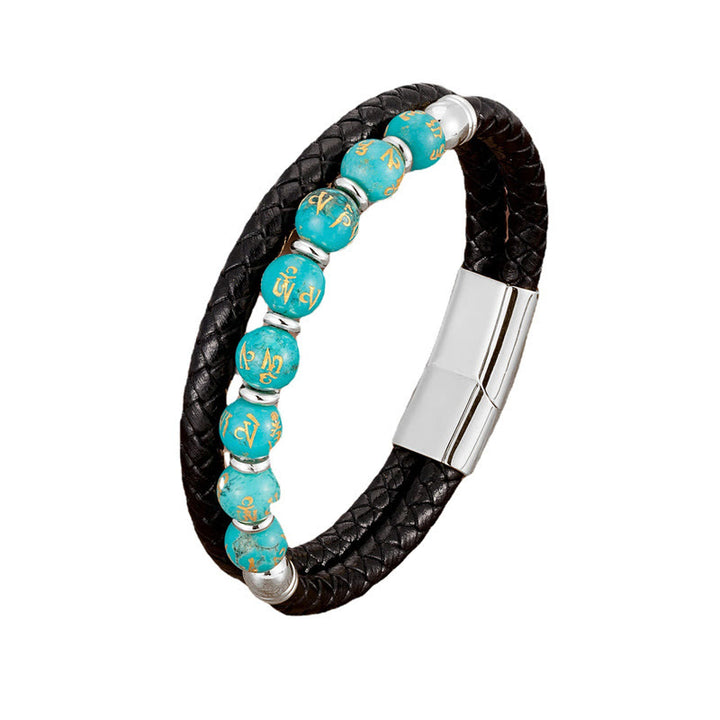Bracciale in pelle con Buddha Stones, onice nero, turchese, occhio di tigre, agata rossa, Om Mani Padme Hum Strength