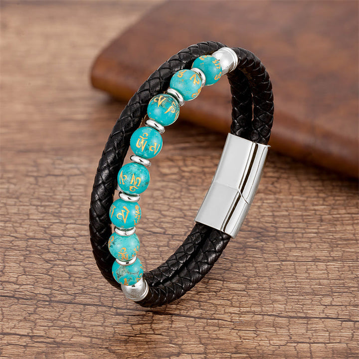 Bracciale in pelle con Buddha Stones, onice nero, turchese, occhio di tigre, agata rossa, Om Mani Padme Hum Strength