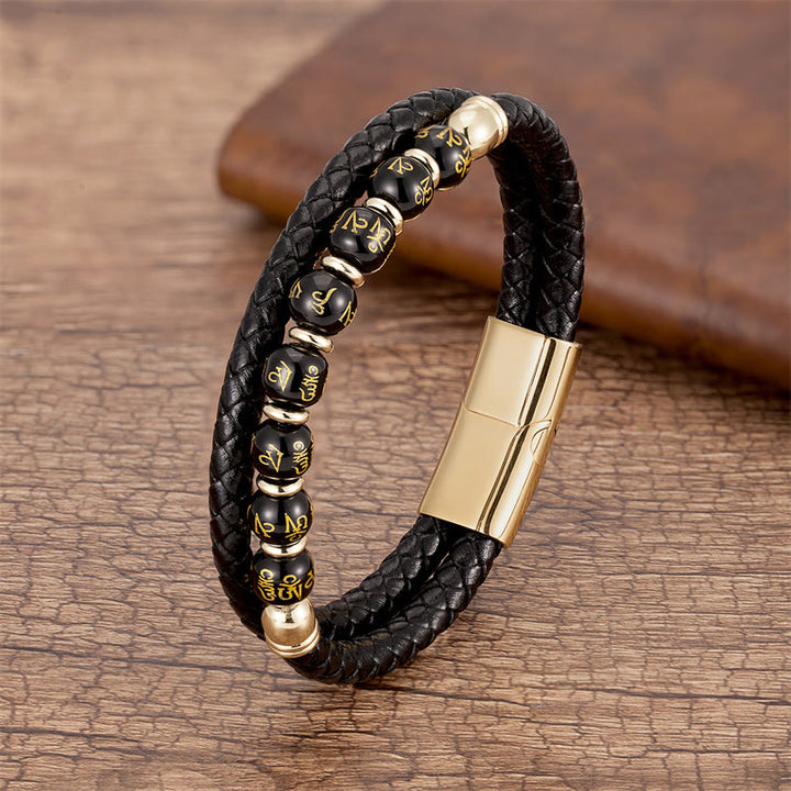 Bracciale in pelle con Buddha Stones, onice nero, turchese, occhio di tigre, agata rossa, Om Mani Padme Hum Strength