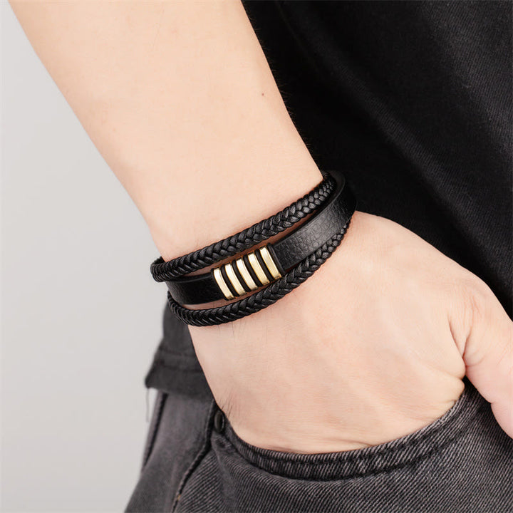 Bracciale con fibbia in acciaio al titanio e corda in pelle multistrato Buddha Stones