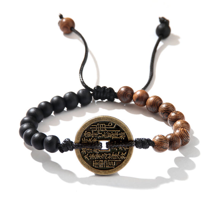 Buddha Stones Legno di ebano Legno di wenge Fantasmi di montagna Spendi soldi Bagua Moneta di rame Bracciale della pace