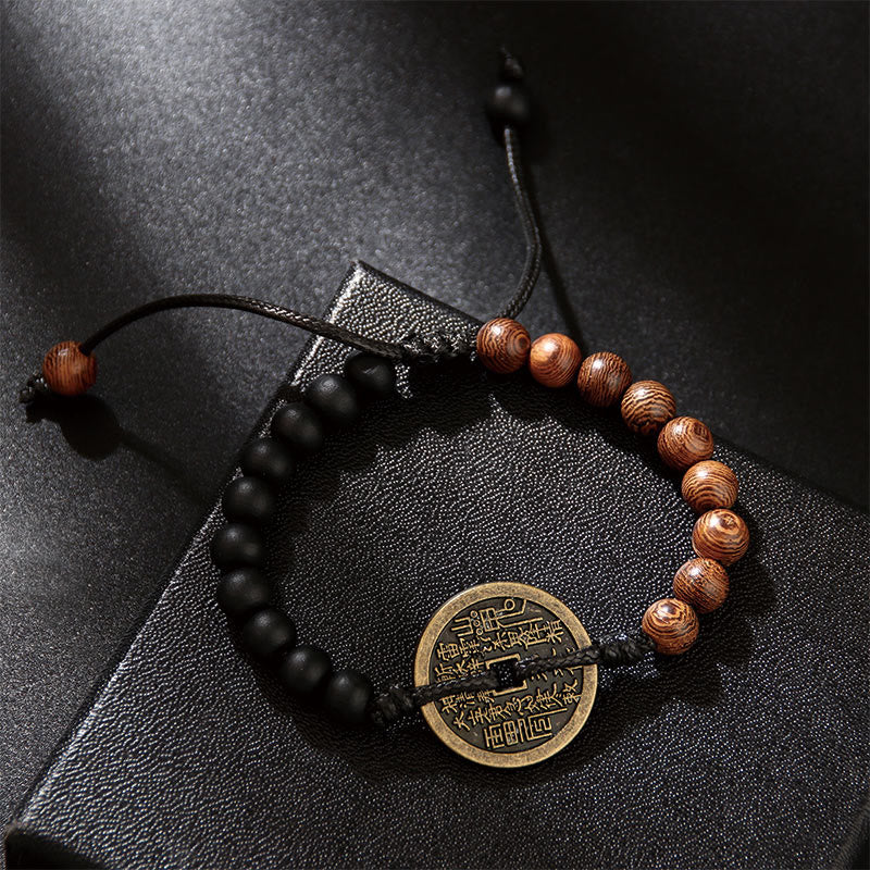 Buddha Stones Legno di ebano Legno di wenge Fantasmi di montagna Spendi soldi Bagua Moneta di rame Bracciale della pace