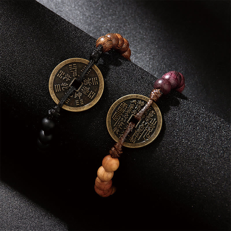 Buddha Stones Legno di ebano Legno di wenge Fantasmi di montagna Spendi soldi Bagua Moneta di rame Bracciale della pace