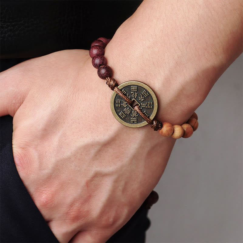 Buddha Stones Legno di ebano Legno di wenge Fantasmi di montagna Spendi soldi Bagua Moneta di rame Bracciale della pace