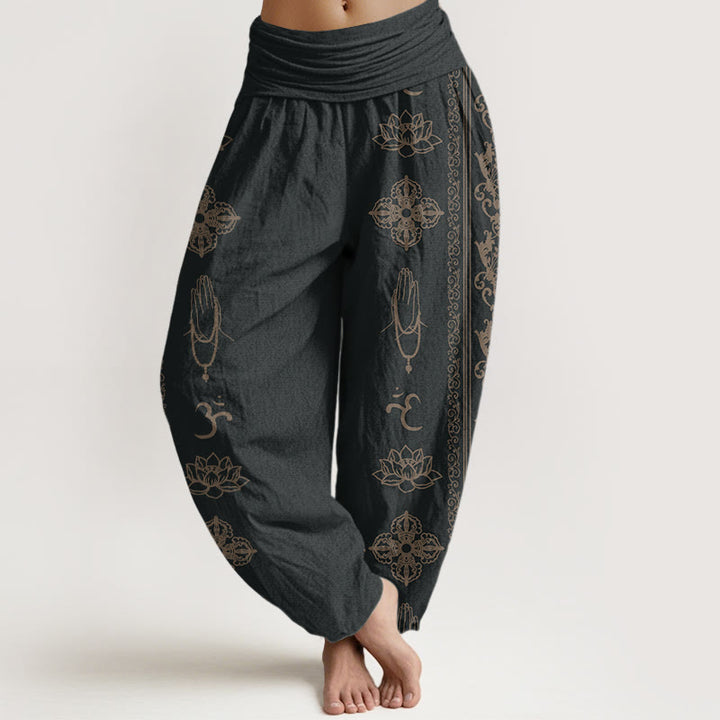 Pantaloni harem da donna con elastico in vita, motivo Buddha Stones Cotton Lotus Flowers Double Dorje Vajra Namaste Om - Nero - US22, UK/AU26, EU54 (6XL) - image 0